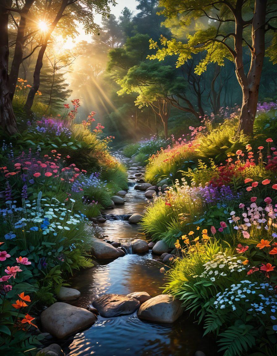 A serene landscape featuring a sunlit path winding through a lush forest filled with vibrant flowers and soft, glowing orbs of light hovering above, symbolizing bliss and elation. A gentle stream flows nearby, reflecting radiant colors of the sunset. Warm, ethereal particles are scattered in the air, creating a magical ambiance. super-realistic. vibrant colors. dreamlike atmosphere.