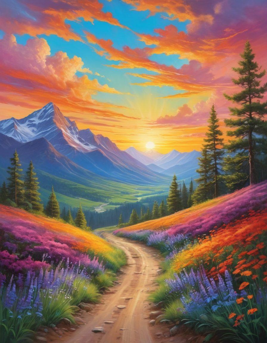 A dynamic landscape depicting a vibrant journey from cheerful moments to euphoric adventures, featuring a colorful sunrise symbolizing new beginnings, a path winding through joyful gatherings, and exhilarating outdoor activities. Include diverse people experiencing laughter and thrill, surrounded by lush greenery and mountain vistas. The sky should transition from soft pastel colors to bright, energetic hues. super-realistic. vibrant colors. expansive view.