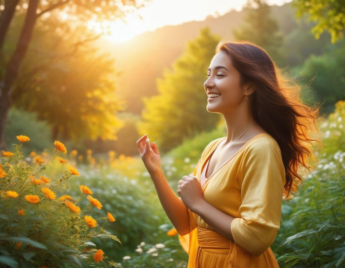 A radiant sunrise illuminating a serene landscape filled with blooming flowers and lush greenery, symbolizing joy and vibrancy. A diverse group of people, smiling and embracing experiences, engages in various joyful activities such as dancing, painting, and meditating in harmony. Soft golden light bathes the scene, enhancing the feeling of happiness and vitality. super-realistic. vibrant colors. peaceful background.